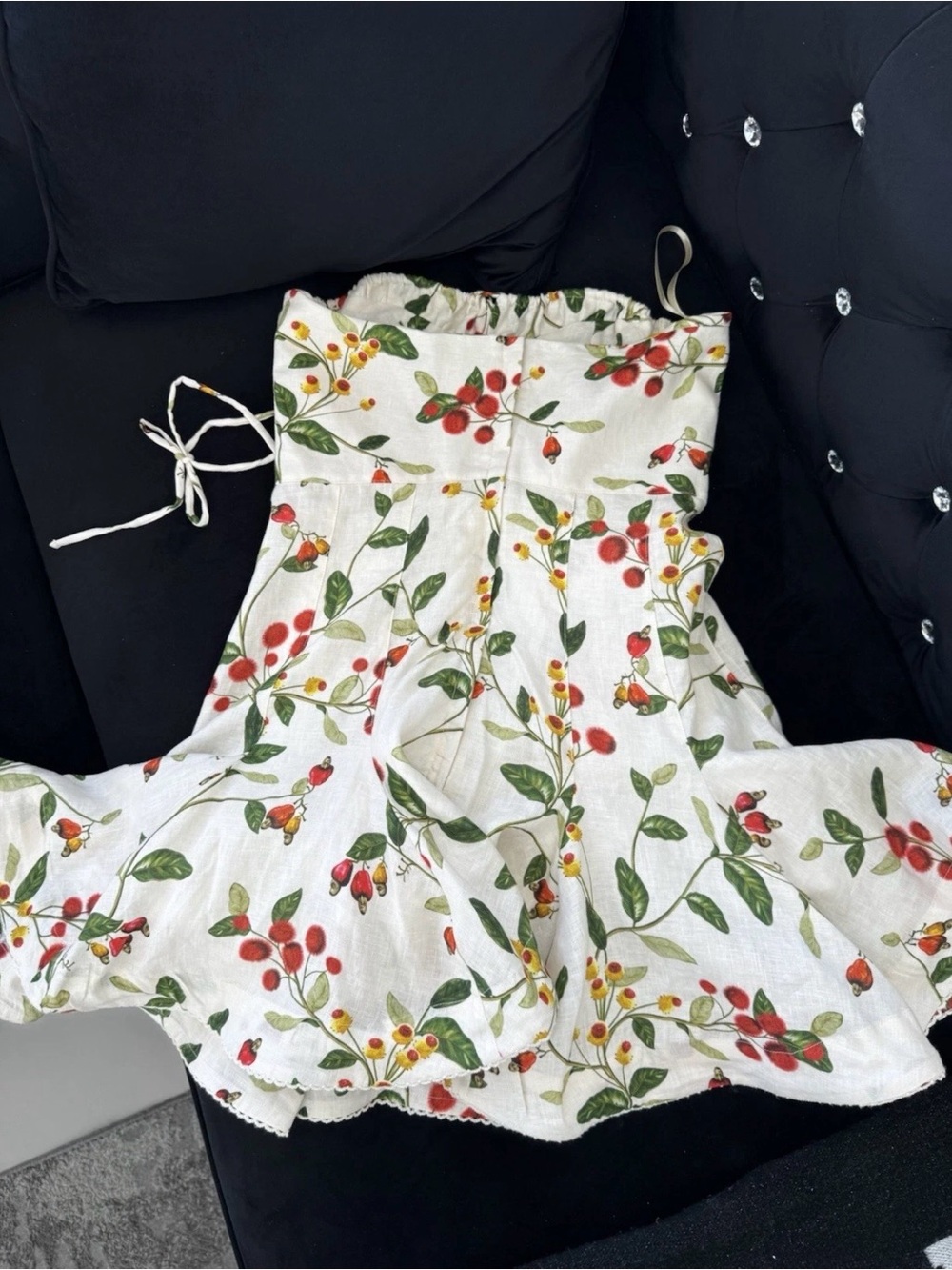 Agua Bendita Cream Floral Strapless Mini Dress with Red & Green - Picture 6 of 7